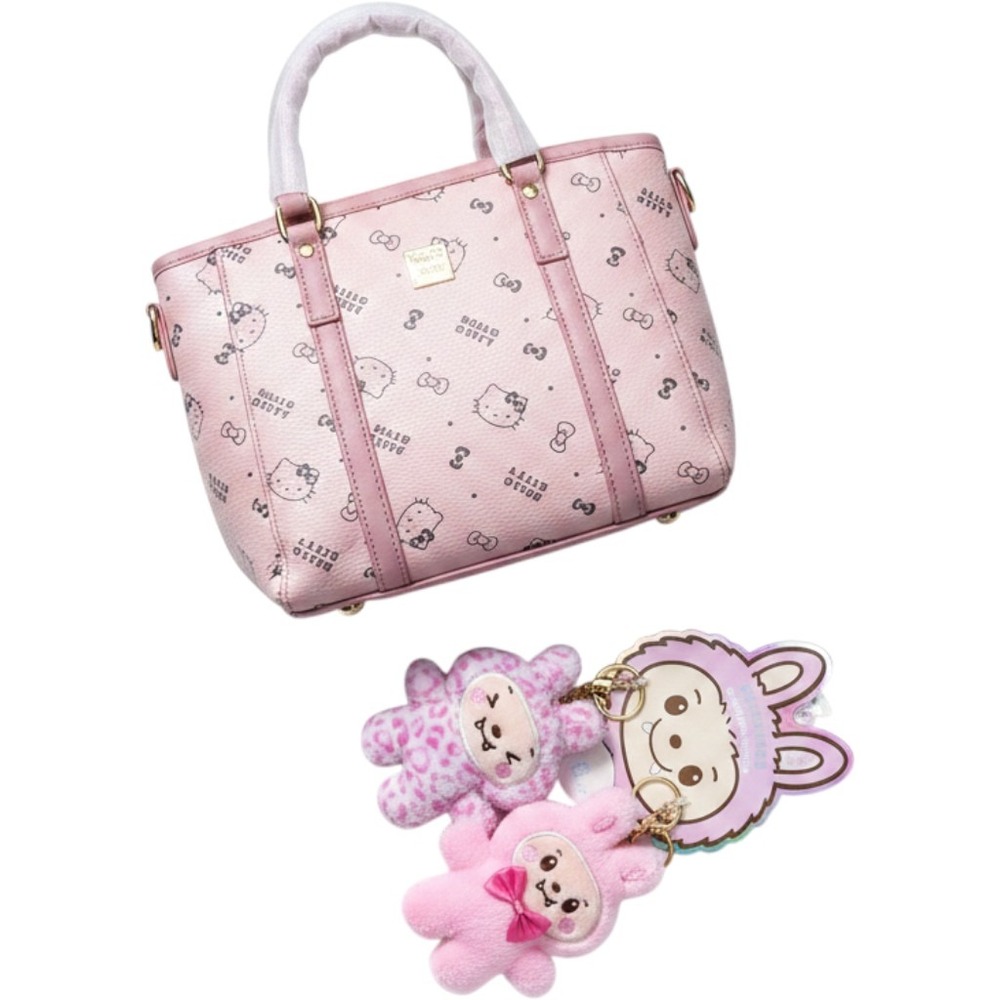 Hello Kitty Pink Monogram Tote Bag Satchel with Plush Keychain Charms Set